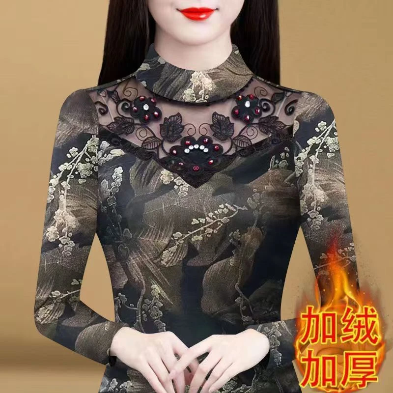 68096 中老年蕾丝花边加绒加厚打底衫春秋洋气印花钉珠半高领小衫