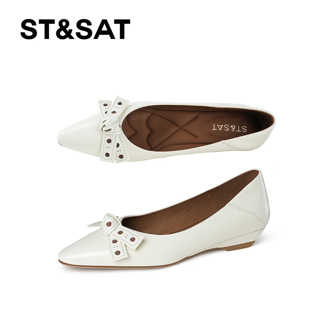 星期六尖头蝴蝶结浅口单鞋时尚复古法式跟鞋一脚蹬休闲百搭皮鞋
