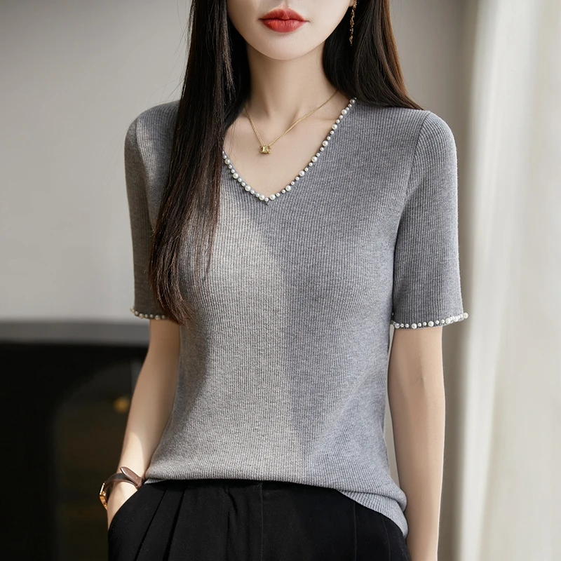 珍珠V领精纺羊毛设计感纯色短袖气质宽松薄款针织T恤