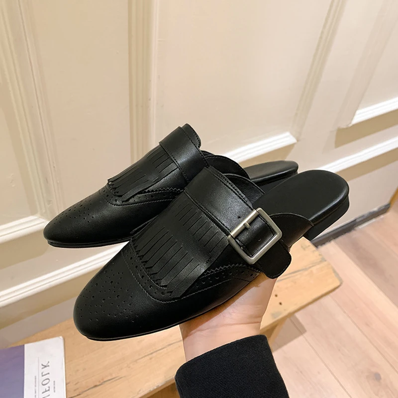 复古慵懒布洛克雕花流苏扣带穆勒半拖女夏季外穿百搭平底包头拖鞋