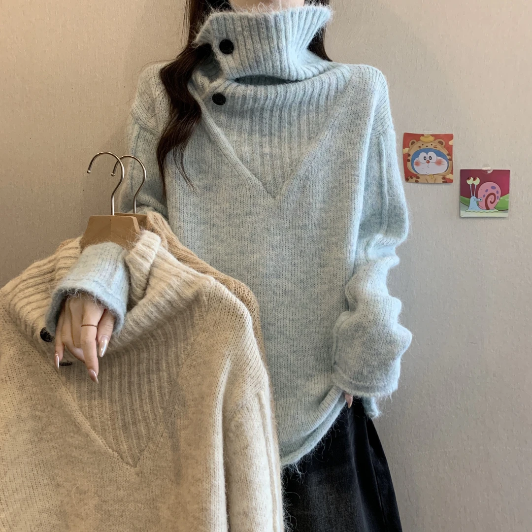 韩系简约内搭大码休闲宽松秋冬季新款慵懒风高领套头毛衣针织衫女