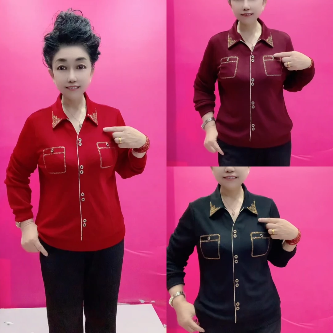 秋季时尚翻领纯色长袖上衣妈妈装显瘦百搭气质款