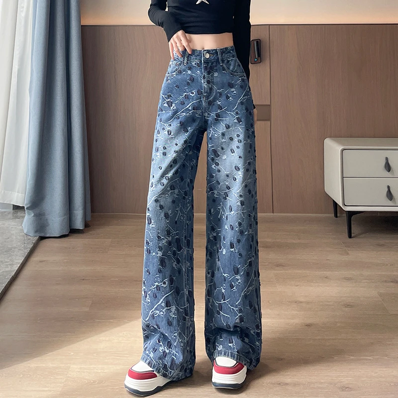 提花刺绣窄版阔腿牛仔裤女春秋季高腰加长宽松显瘦垂感直筒拖地裤