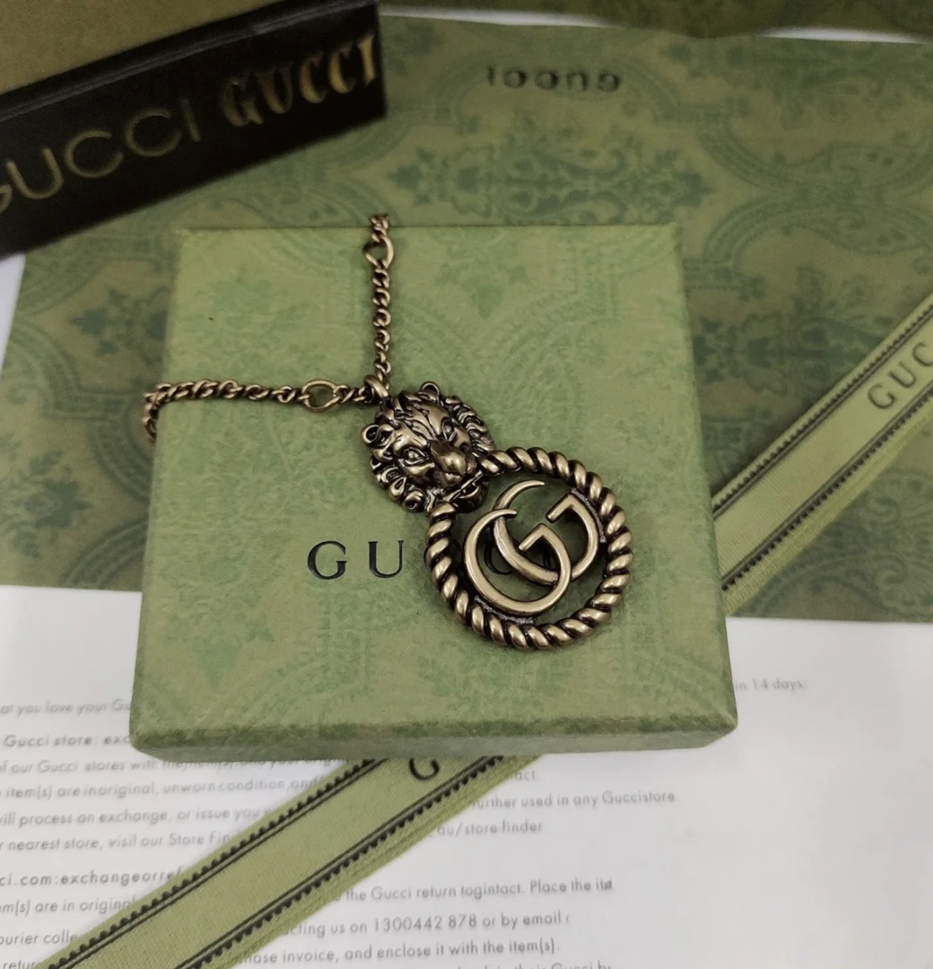 99新 GUCCI/古驰 蔚蓝中古/双G狮头项链