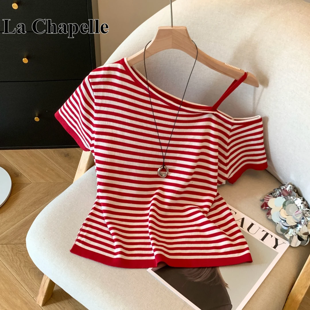 拉夏贝尔红色条纹斜肩短袖冰丝上衣女夏季薄款港风穿搭宽松t恤衫