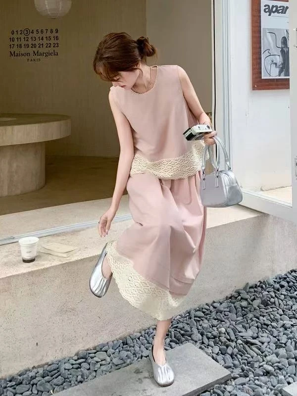 小雅姐姐  韩系甜美花边蕾丝拼接薄款上衣裙子套装IY01