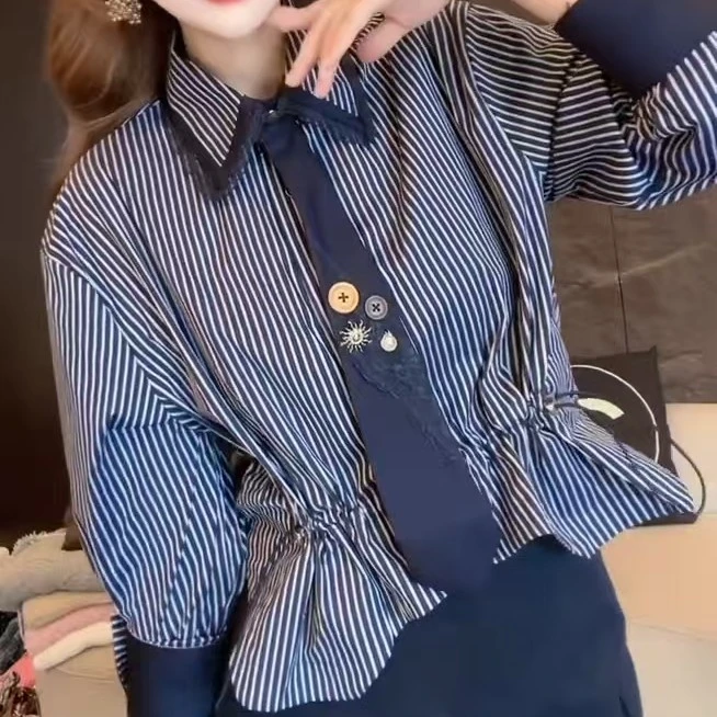 复古风撞色条纹蓝色长袖衬衫衬衣秋季女装宽松百搭别致上衣