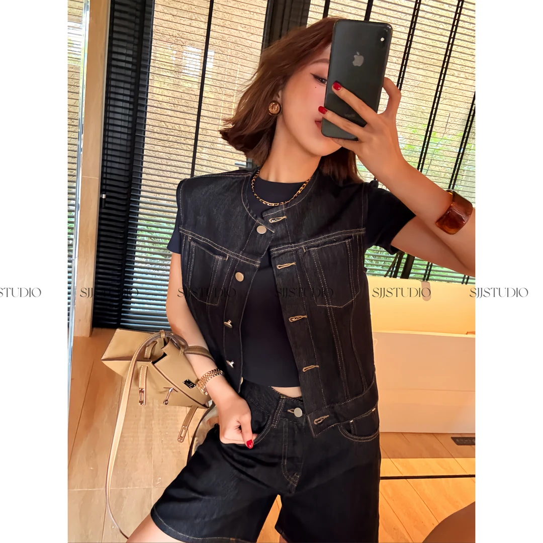 【娇娇私服定制】新款极简牛仔马甲+短裤两件套80102#