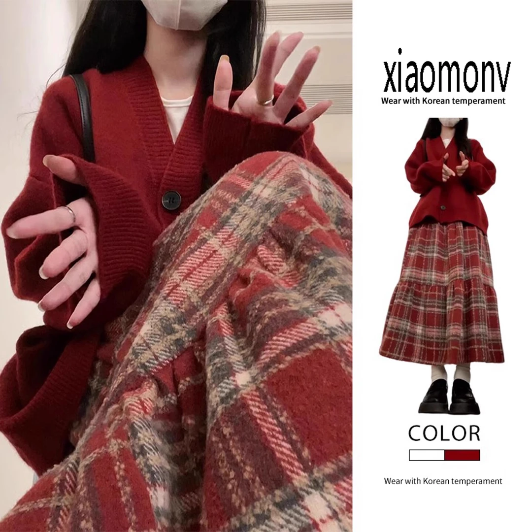 大码格子高腰胖mm显瘦冬季加厚女装时尚中长款裙子秋冬款半身裙