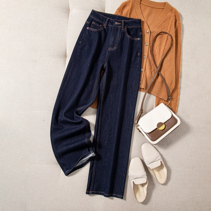 不褪色秋冬加绒加厚窄版高腰显瘦阔腿牛仔裤女直筒裤7022