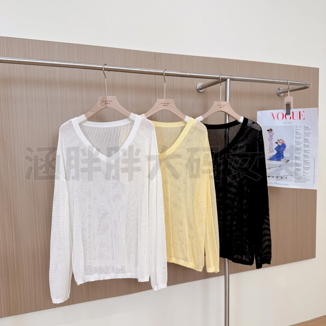 【涵胖胖】v领外搭镂空上衣女长袖T恤宽松针织衫LT23027【B】
