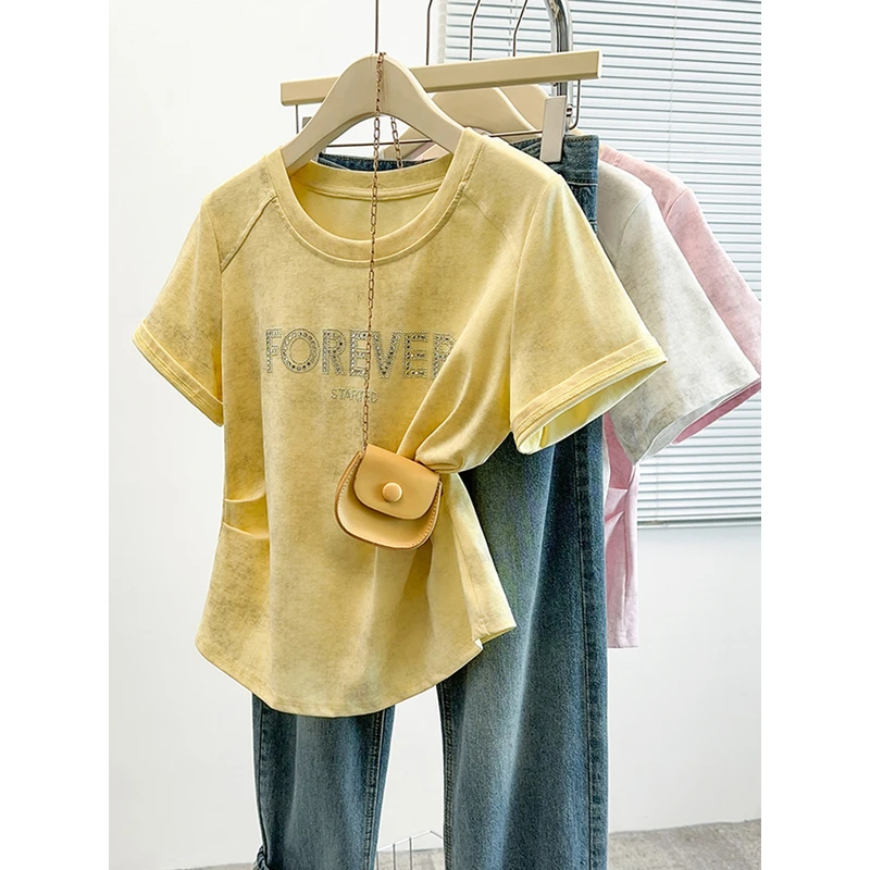 33776夏装新款胖mm大码女设计感扎染重工烫钻弧形短袖T恤