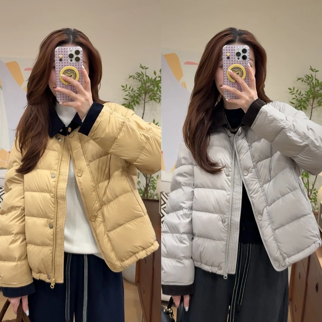 韩版翻领撞色白鸭绒羽绒服女2025秋冬新款宽松显瘦百搭保暖外套
