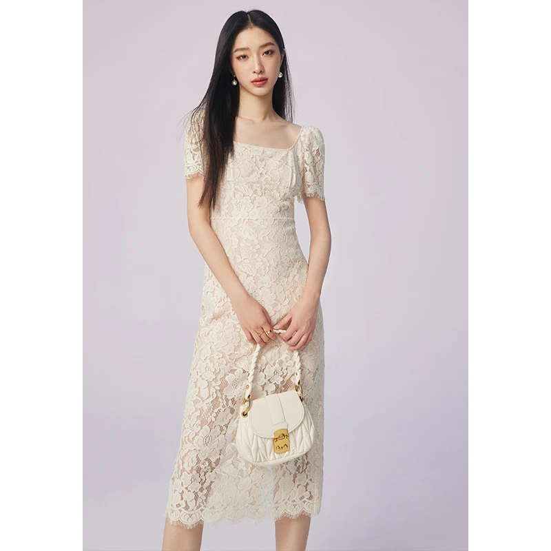 MandyZhang白色重工蕾丝浪漫方领连衣裙女夏法式轻奢气质修身裙子