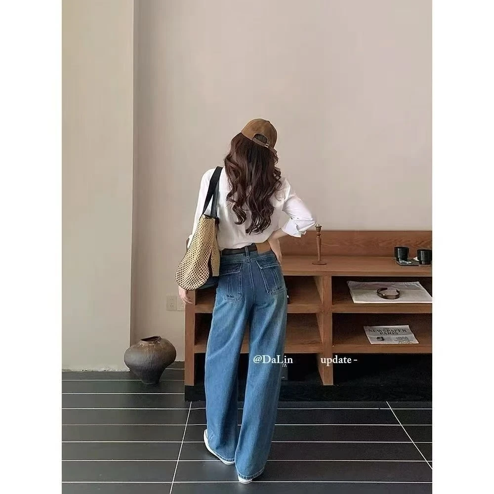 【现货+运费险】秋季简约气质复古丹宁蓝休闲百搭直筒裤水洗牛仔裤