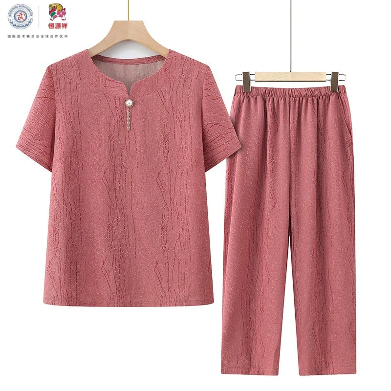 恒源祥彩羊中老年人夏装套装女奶奶短袖恤洋气妈妈夏季两件套宽松