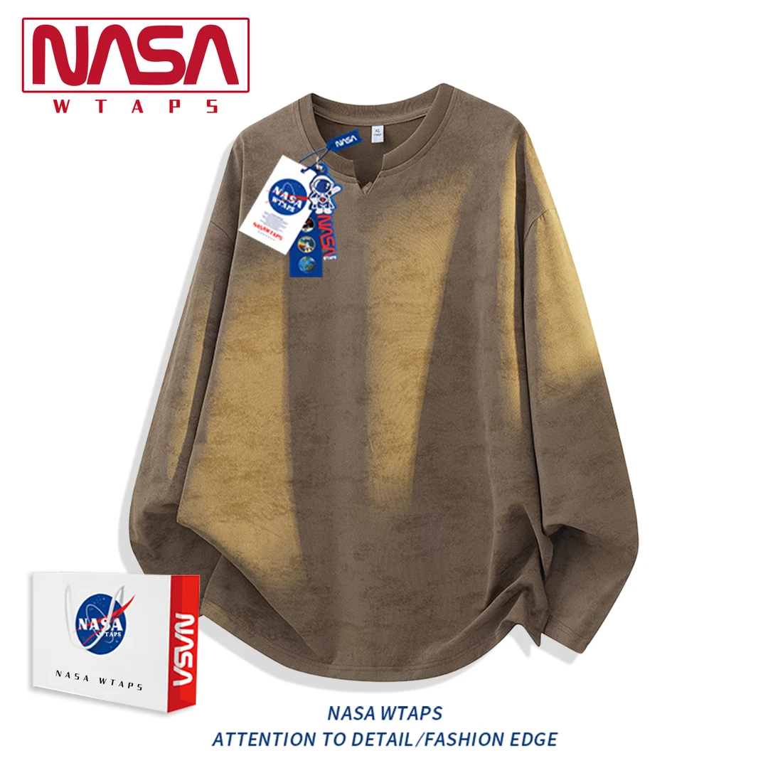 NASA WTAPS美式扎染V领长袖T恤男士春秋季宽松休闲套头打底衫上衣