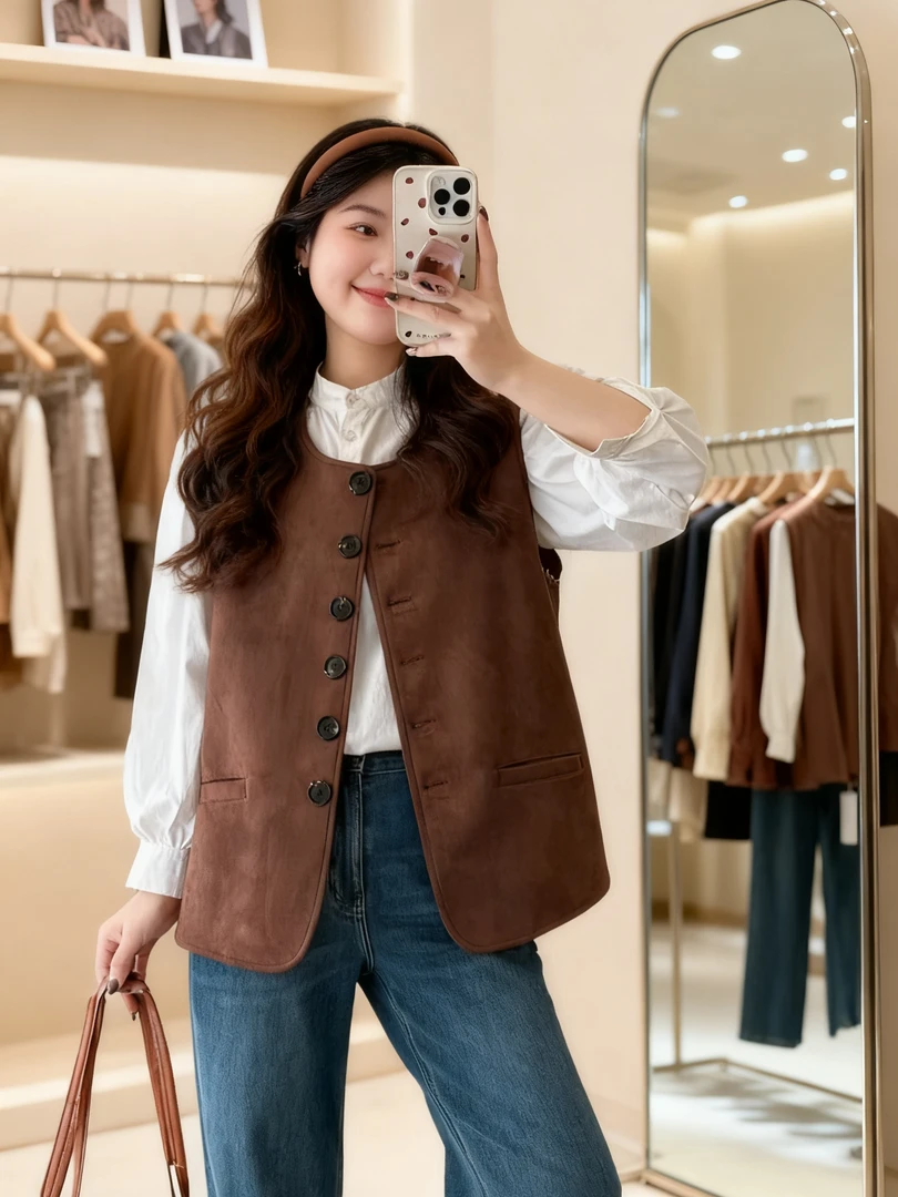 大码女装 胸108-132 单排扣马甲2512#