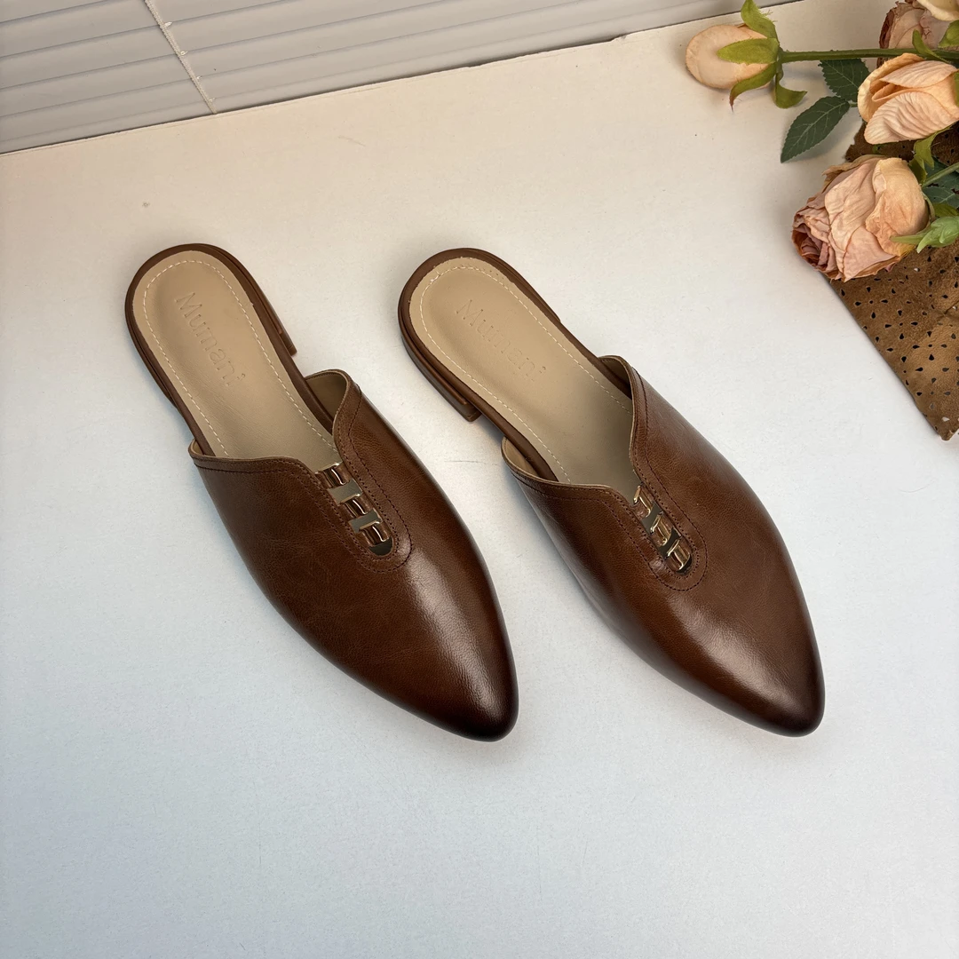 新款平底真皮复古包头拖鞋半拖穆勒鞋S93外穿牛皮低跟