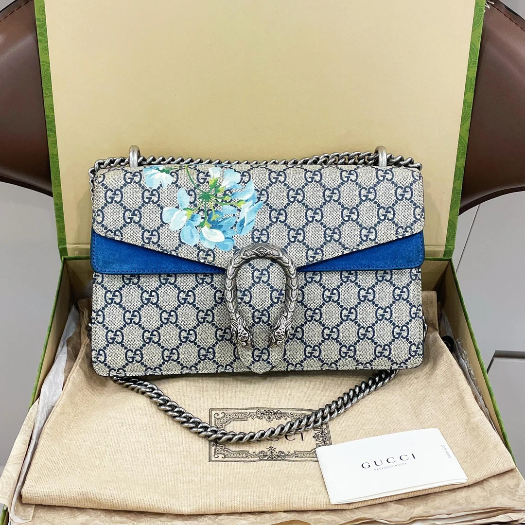 95新 GUCCI/古驰 蓝色天竺葵花卉中号酒神 26*17cm/