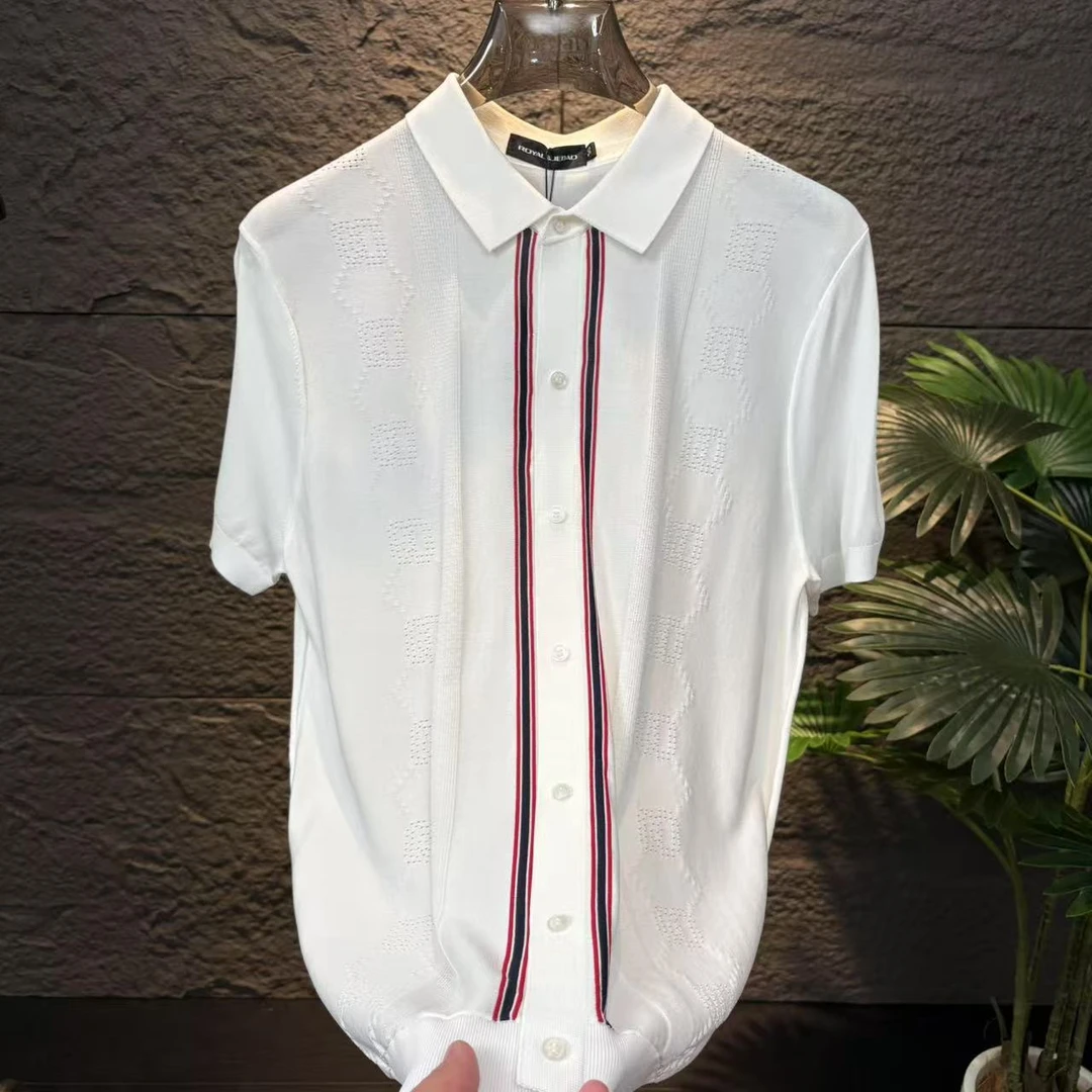 【轻奢】男士翻领短袖T恤上衣条纹拼接薄款透气时尚休闲半袖夏季