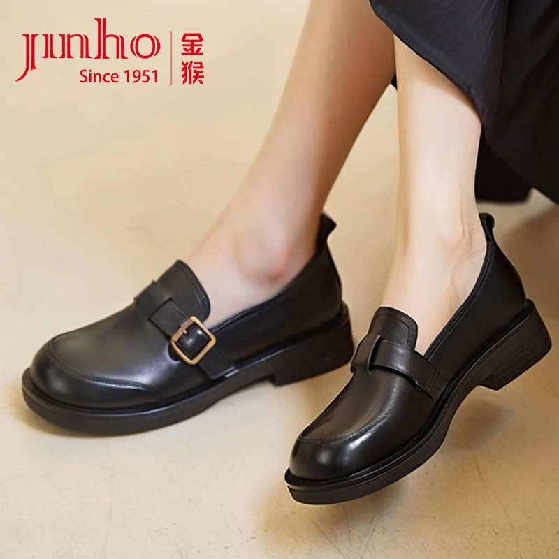 Jinho/金猴春秋百搭软底女士单鞋真皮英伦风轻底乐福鞋Q18114A