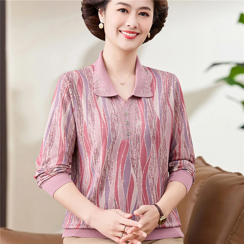 妈妈春装洋气宽松上衣翻领打底小衫40岁50中老年女装春秋长袖T恤