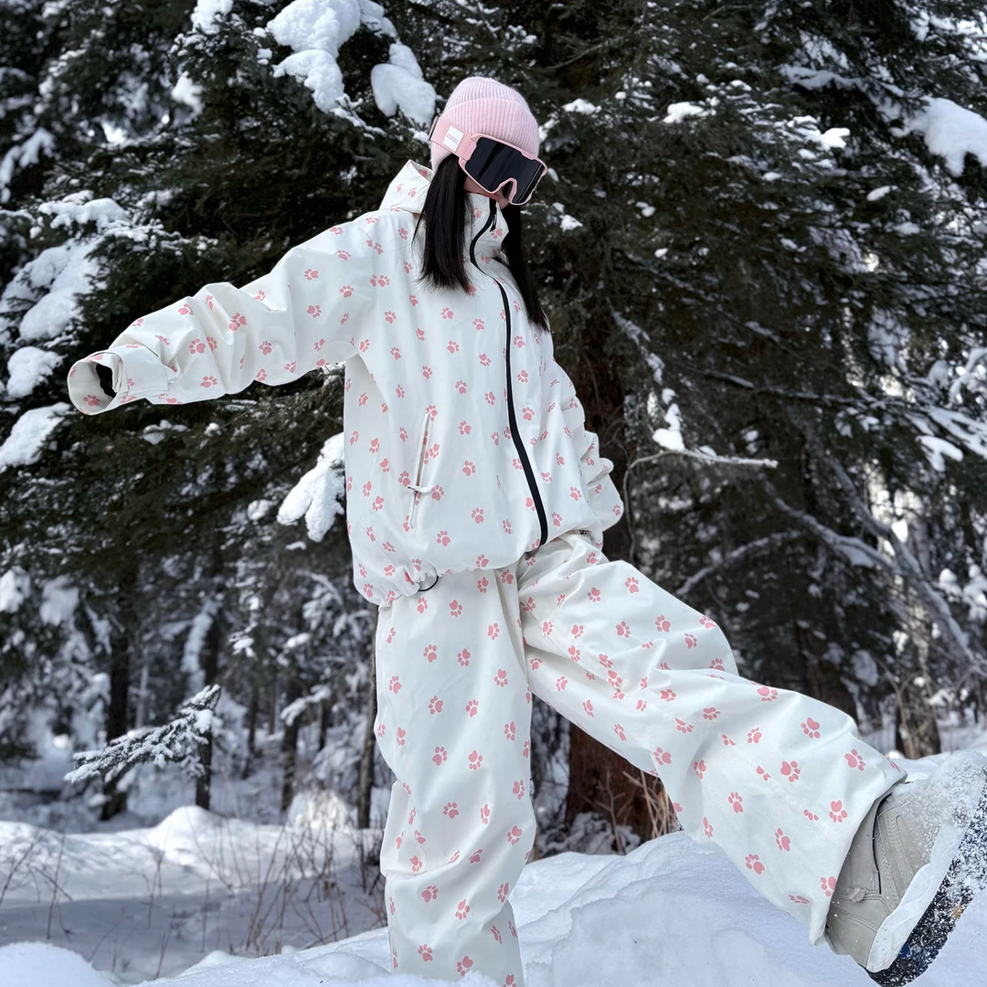 Ren刃川 户外黑白猫爪粉色印蓝色保暖防水3L压胶滑雪服套装女男款