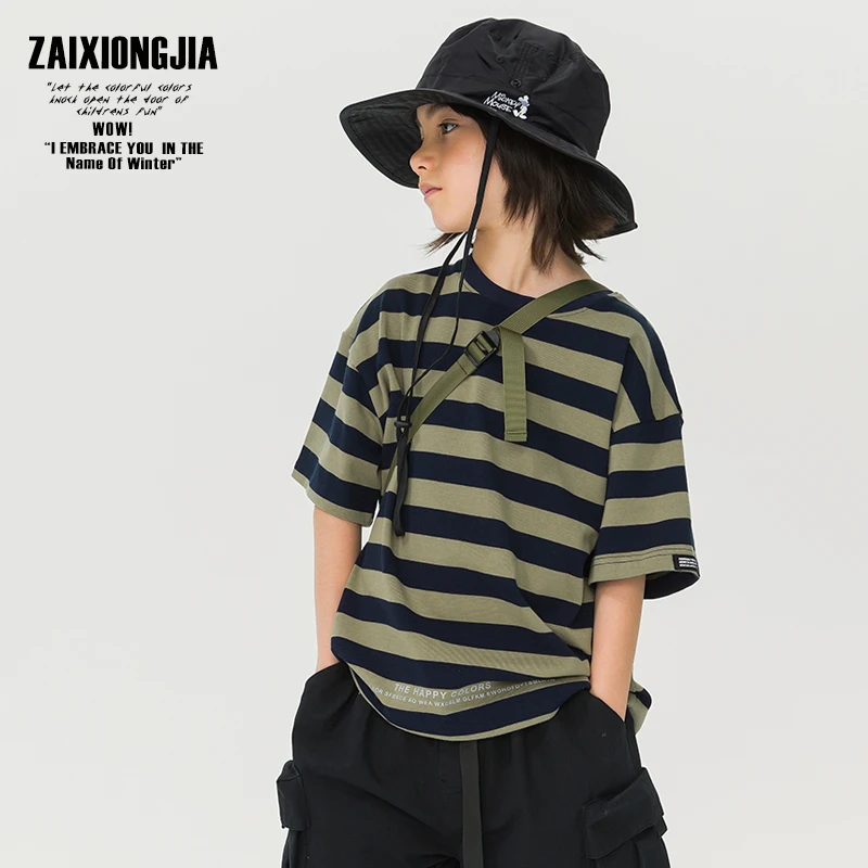 ZAIXONGJIA夏季新品棕黑条纹下摆印花短袖T恤上衣男女童装日系