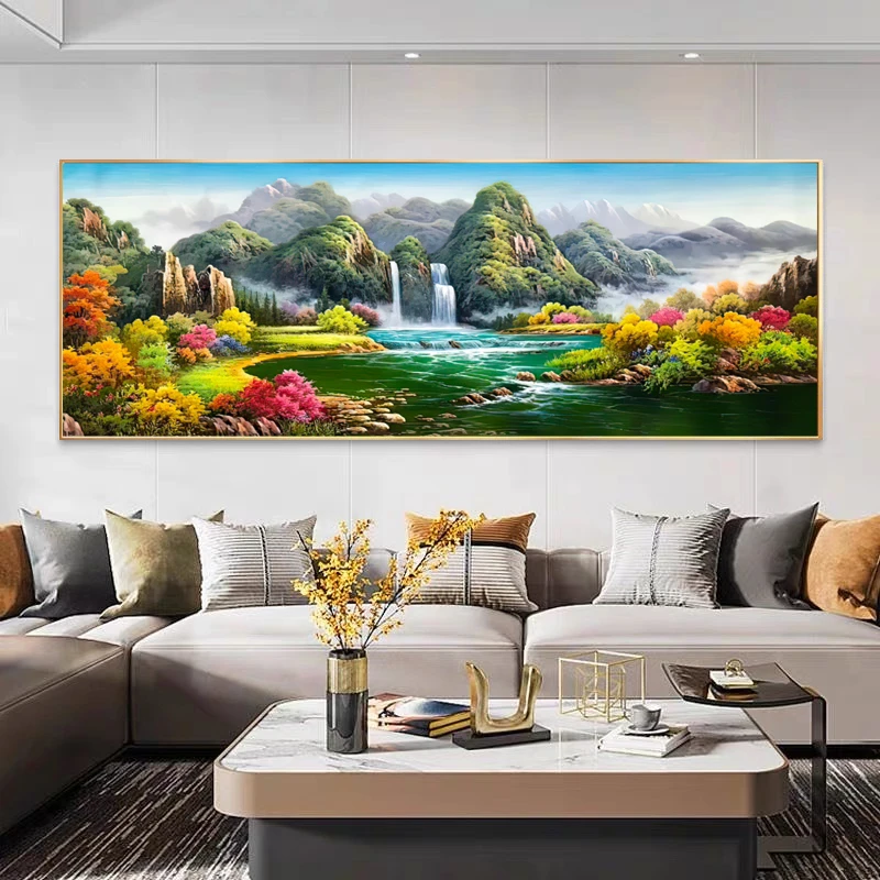 中式山水抽象聚宝盆横画客厅书房沙发背景办公室墙镶钻晶瓷装饰画