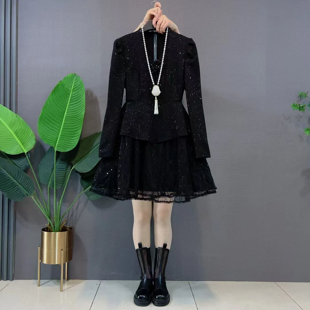 欧货胖妹妹秋季大码女装轻奢立体花朵气质蕾丝拼接撒星仙仙连衣裙