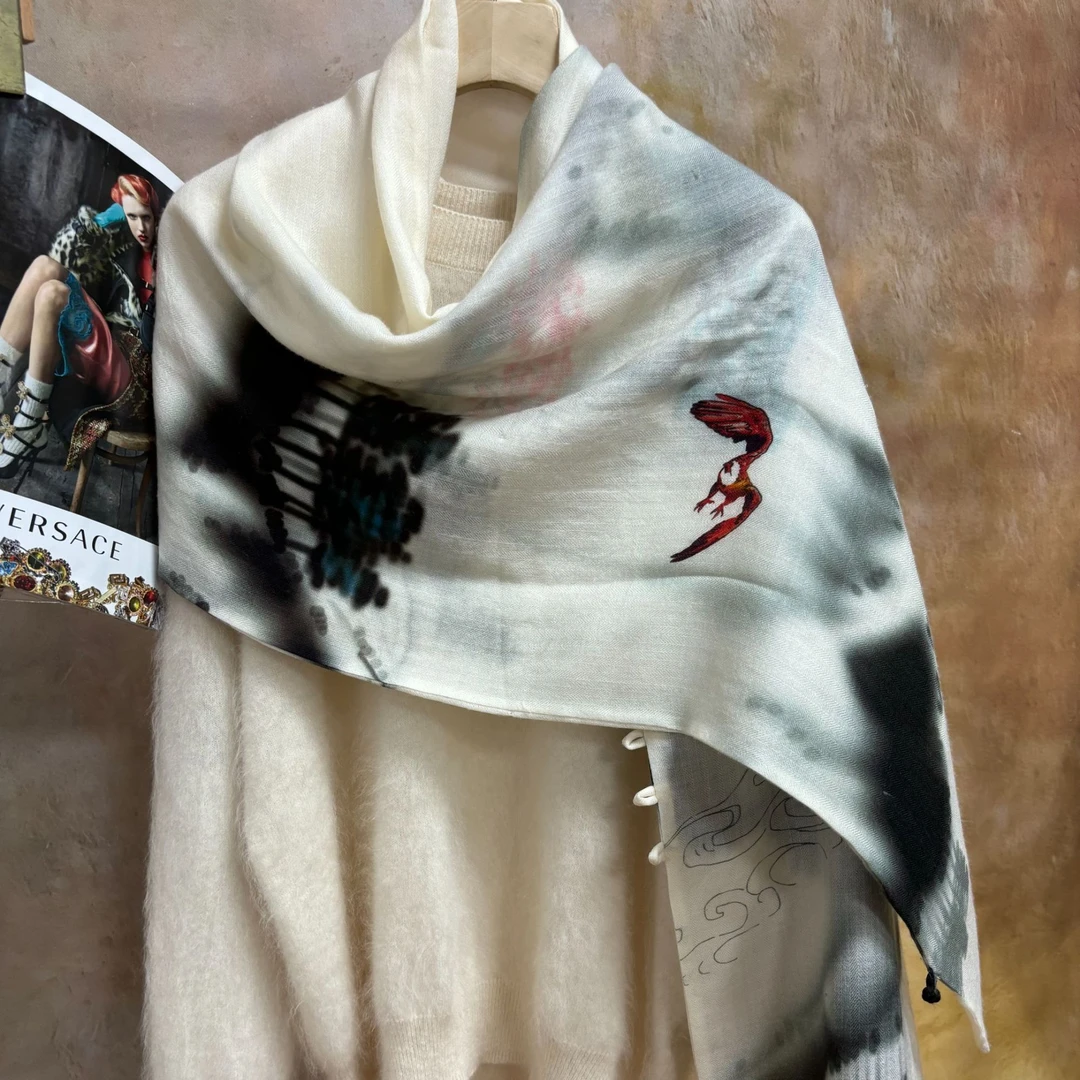 奢凌羊【山河图】185*50康赛妮纯山羊绒春季气质优雅围巾披肩女