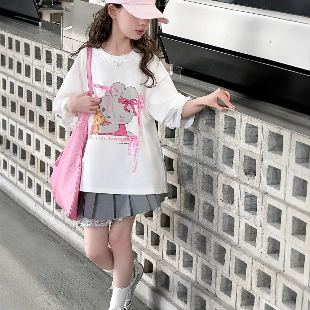 女童T恤儿童洋气时尚小兔蝴蝶结假两件打底衫夏季女孩百搭韩版