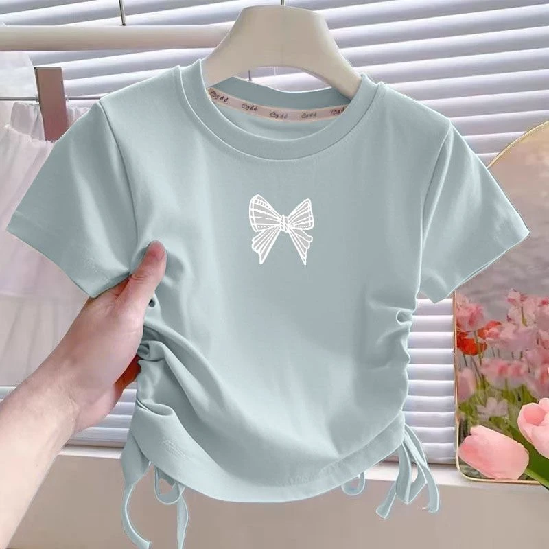 中大童2025夏季短袖女童新款儿童洋气T恤上衣宝宝抽绳半袖设计ins