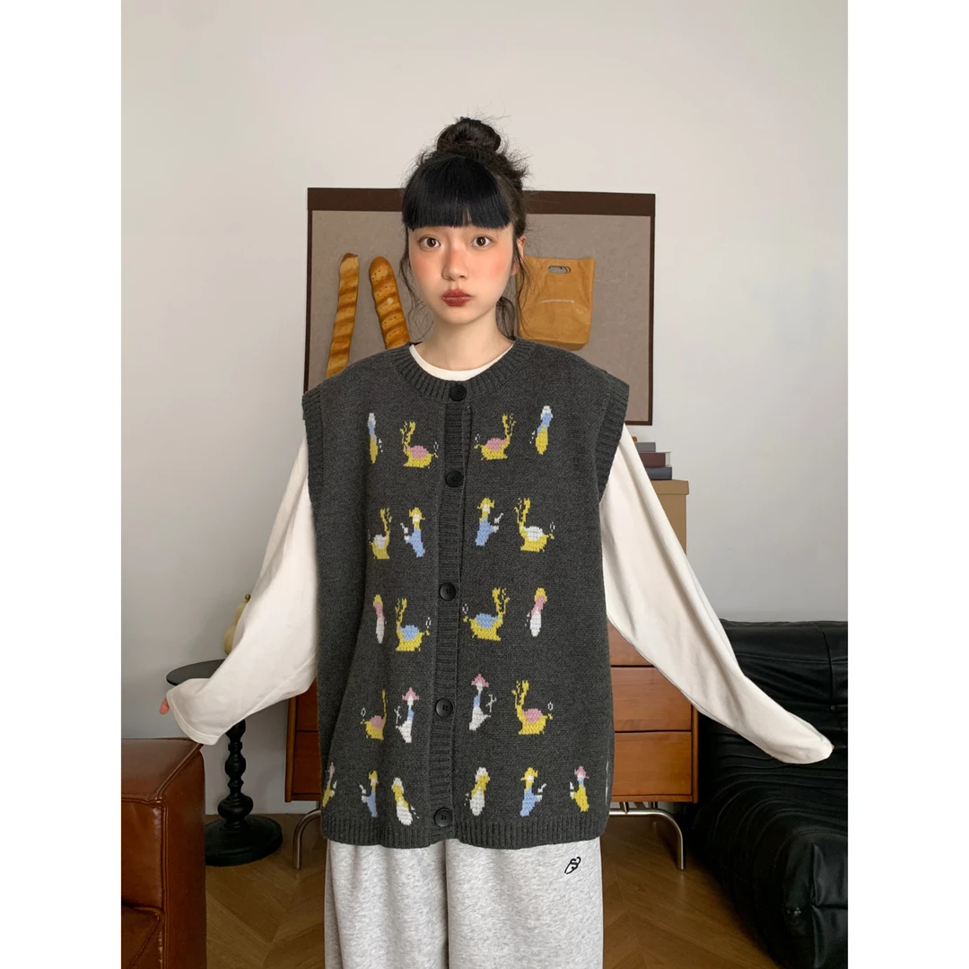 卡通提花休闲针织马甲韩版2025春季新款百搭显瘦宽松慵懒叠穿背心