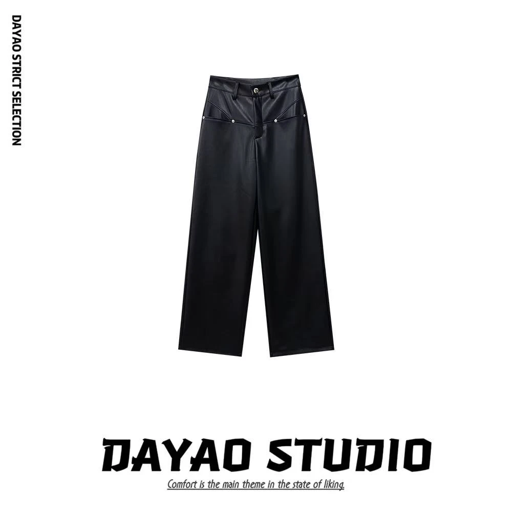 DYA087【暮色旅人】高级感百搭洋气设计感高腰休闲皮裤