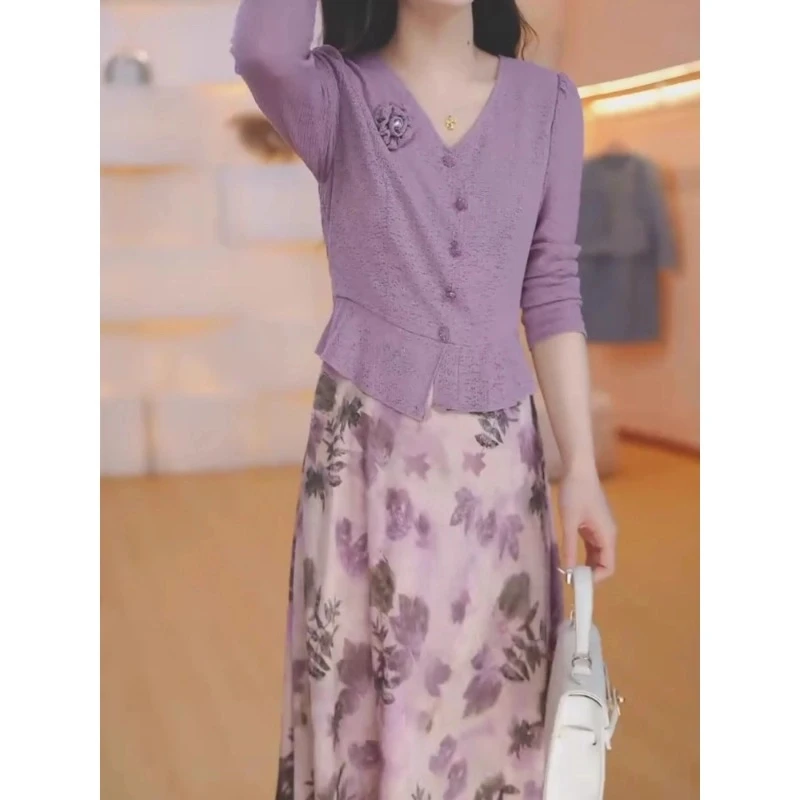 妮蔻时尚假俩件气质连衣裙女2025春季新款减龄收腰显瘦中长款裙子