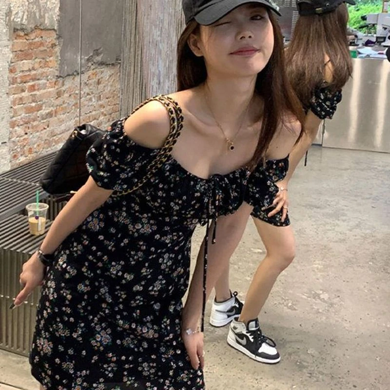 夏季新款修身显瘦法式性感黑色碎花一字肩女士气质连衣裙裙子2681