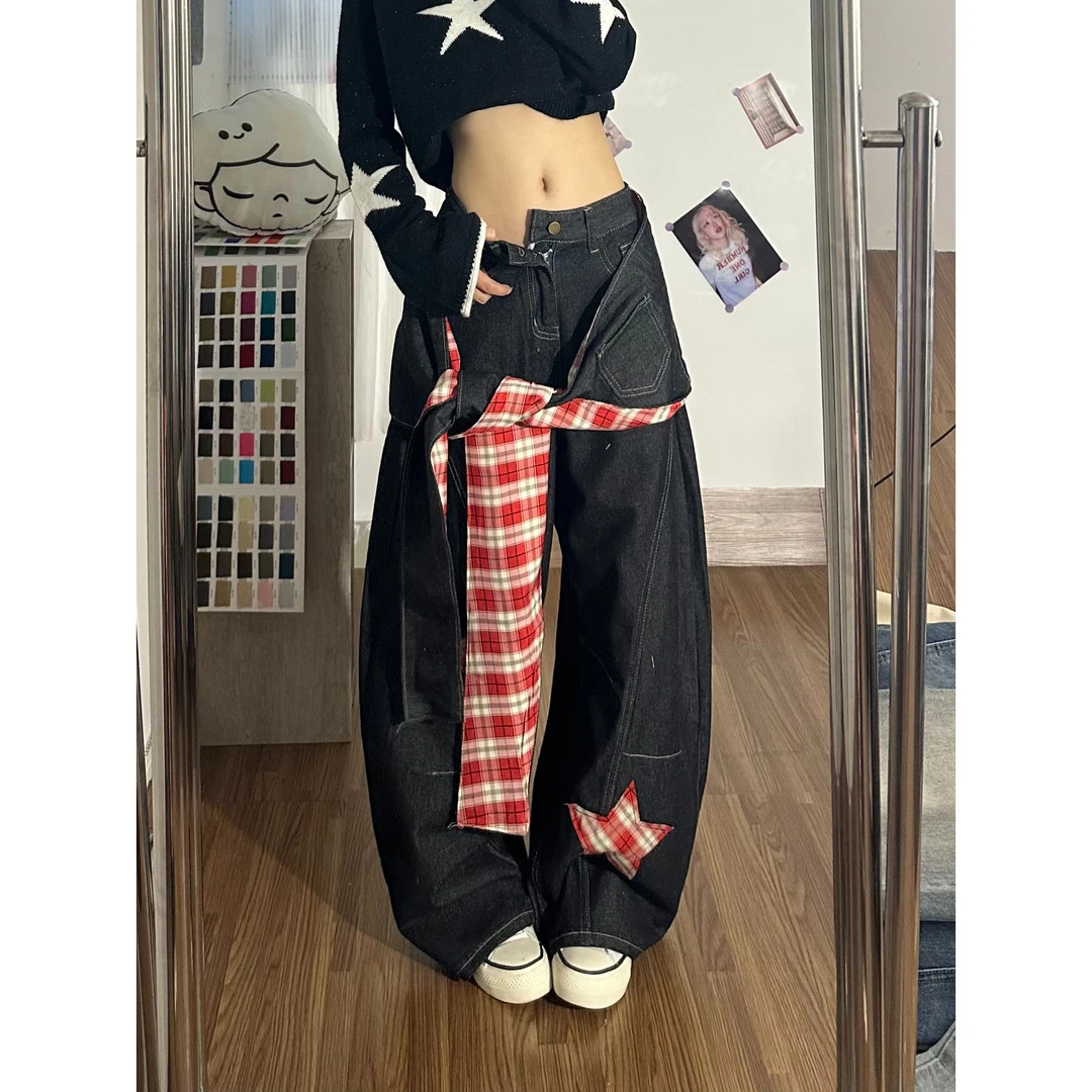 【现货】星星贴布屁帘弯刀牛仔裤裤子女款2026春季新款宽松阔腿裤