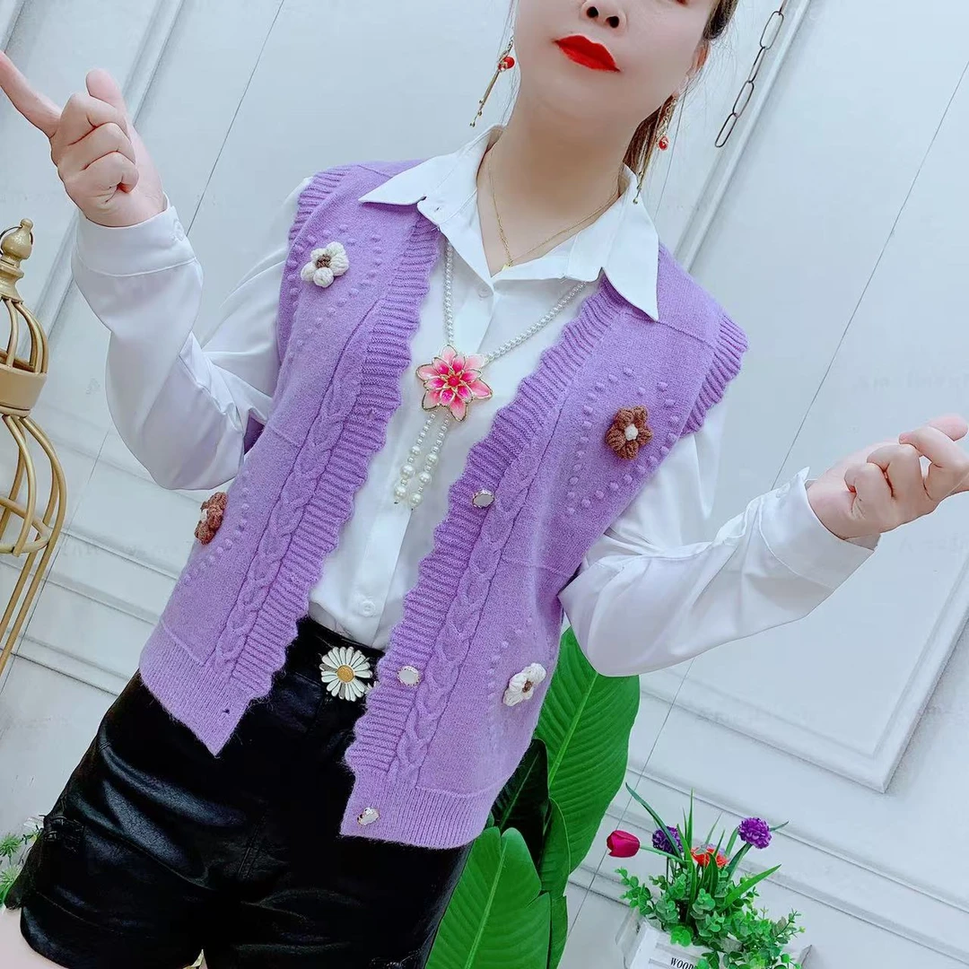毛衣马甲女春秋新款洋气别致小花坎肩开衫宽松外套针织背心外搭女