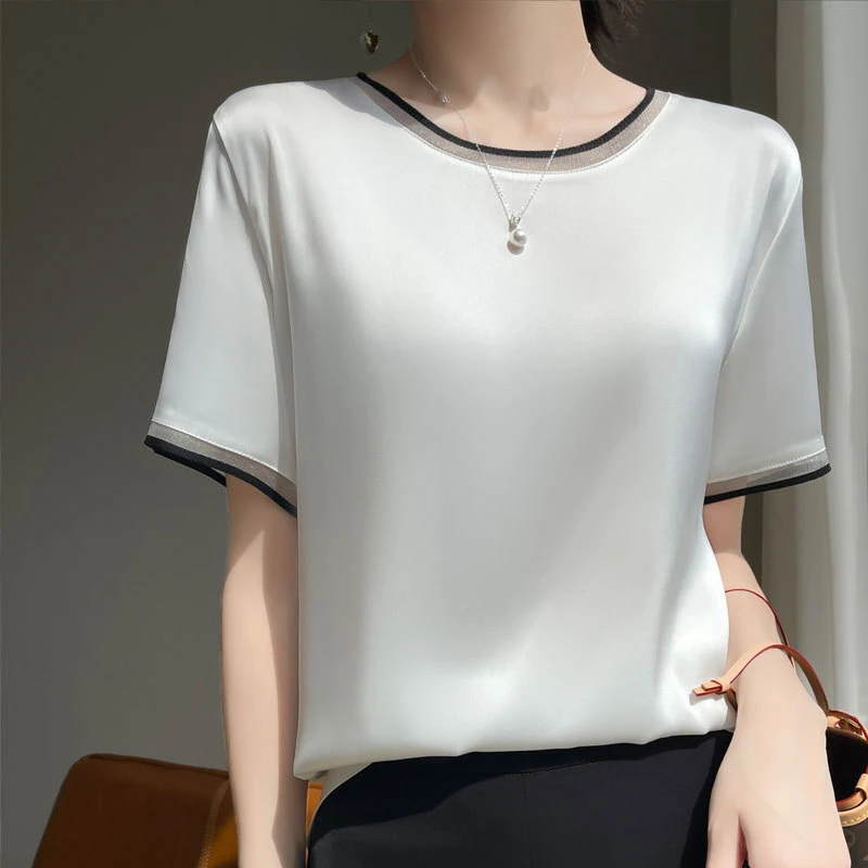 25欧根纱圆领丝滑缎面短袖打底衫宽松内搭t恤夏季女
