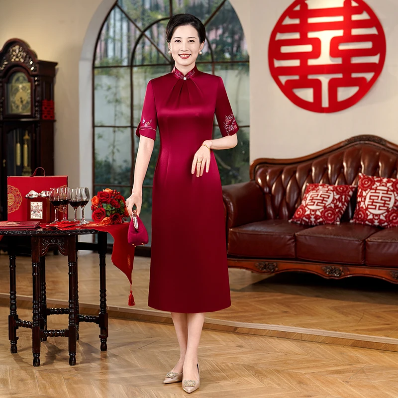 2025春秋时尚高端醋酸妈妈装婚宴礼服高贵年轻喜婆婆新款旗袍女