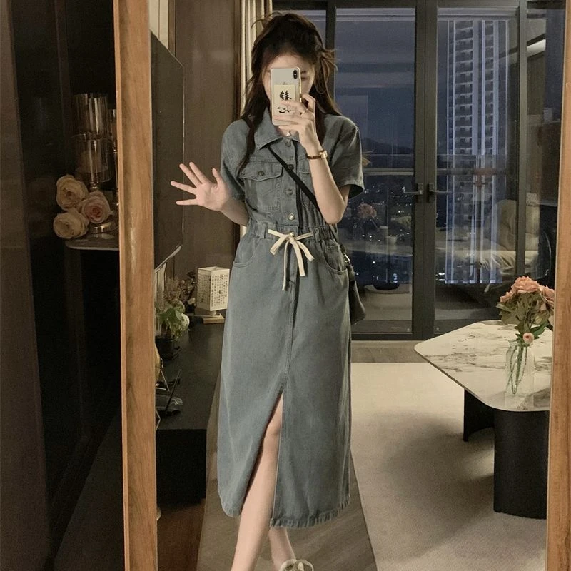 包包专属大码夏季新款法式polo牛仔连衣裙港风显高开衩长裙9898