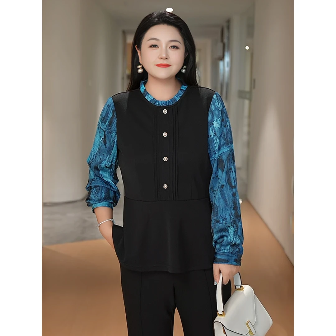 MsShe大码女装2025秋装复古印花拼接木耳边长袖小衫T~B2509035