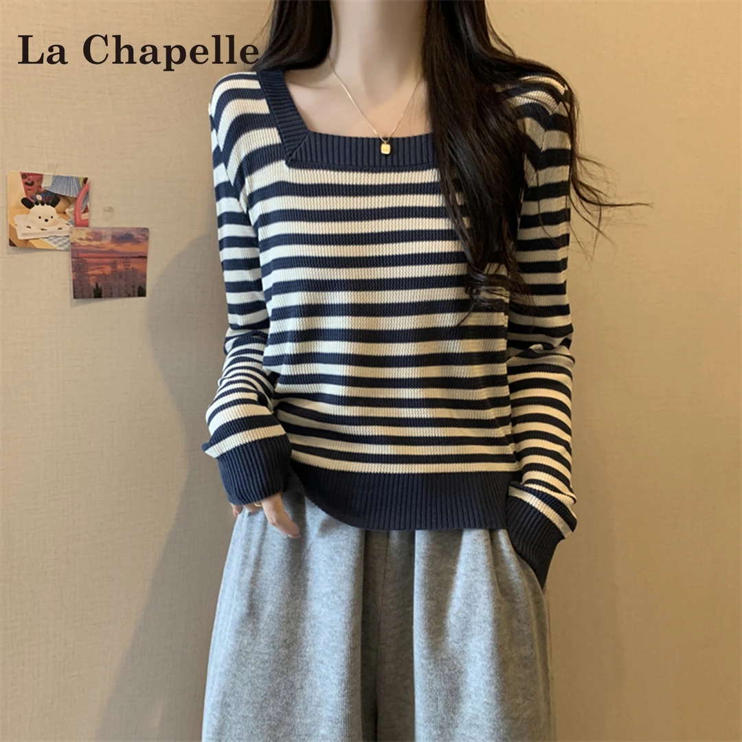 拉夏贝尔大码方领条纹正肩长袖针织衫女早秋新款遮肚显瘦t恤上衣