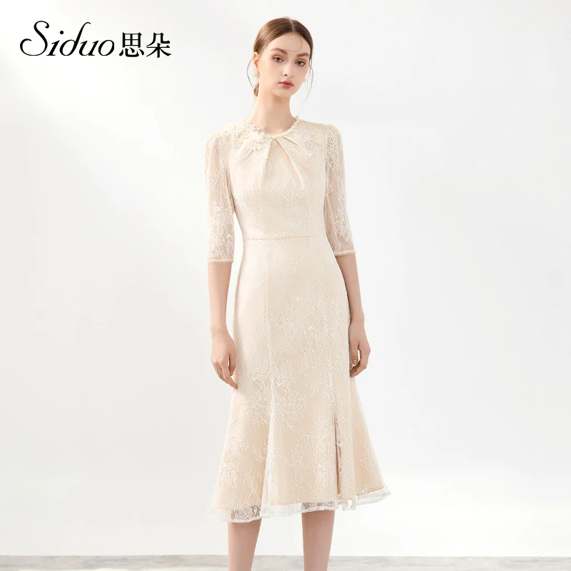【思朵】S24182礼服裙圆领高腰修身名媛轻奢刺绣法式宴会复古连衣裙