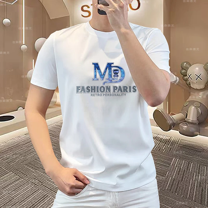 2025年丝光棉圆领夏季新款轻奢修身t恤男士短袖网红款男士短袖t恤