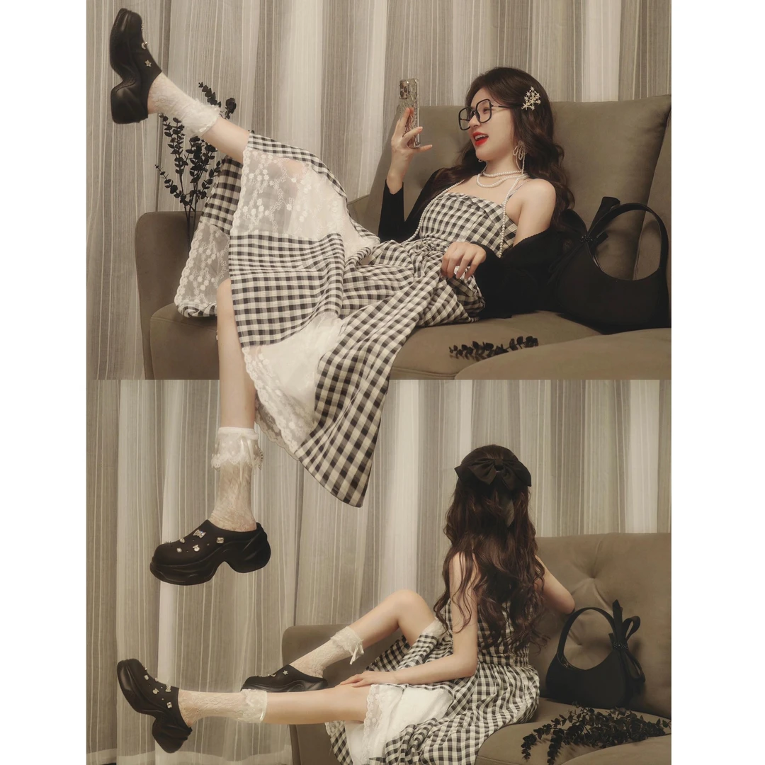 2025夏季新款韩系穿搭防晒开衫吊带裙两件套蕾丝格纹连衣裙套装女