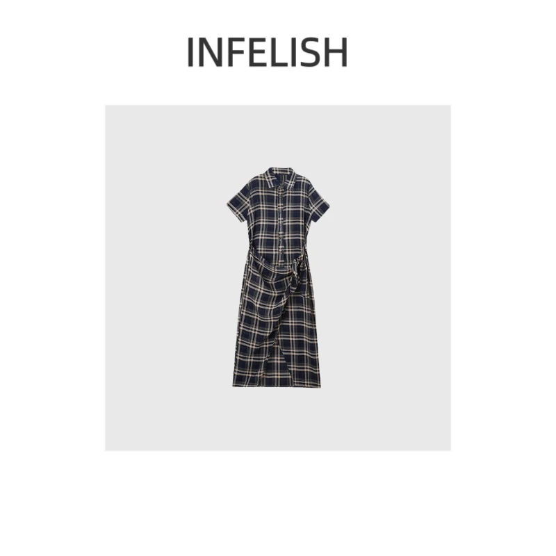 晓夏自制 "格子裙" 法柜设计优雅气质绑带天丝*亚麻超柔软连衣裙