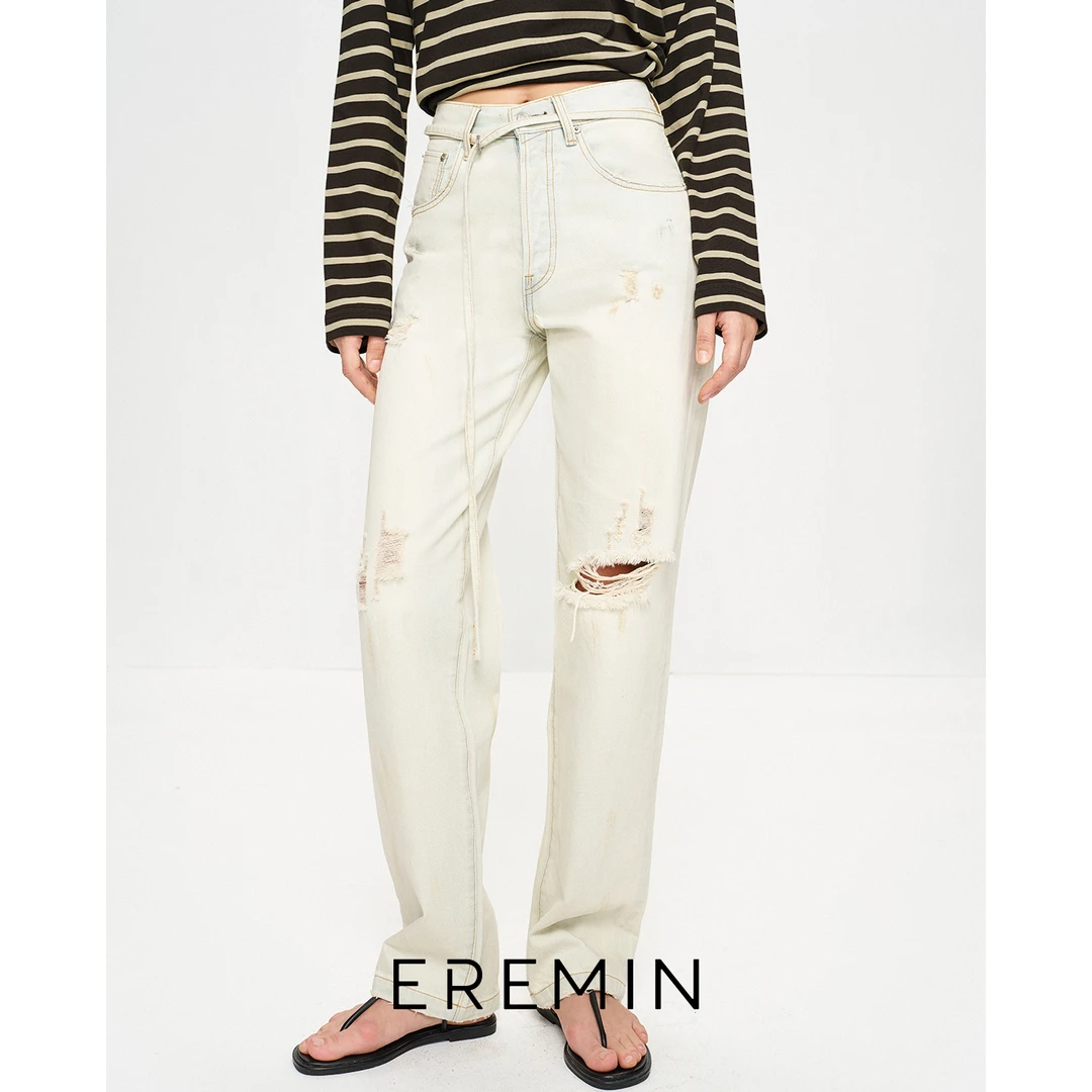 DE Mincollection「琥珀流光风」水洗破洞裤/浅丹宁做旧直筒牛仔裤